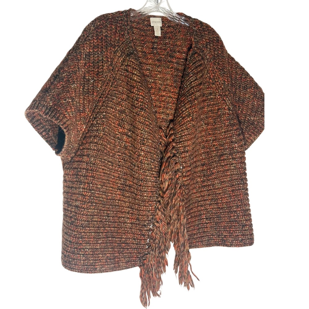 Chicos Knit Fringe Cardigan Sweater Women Size‎ 2 vintage chain link trim